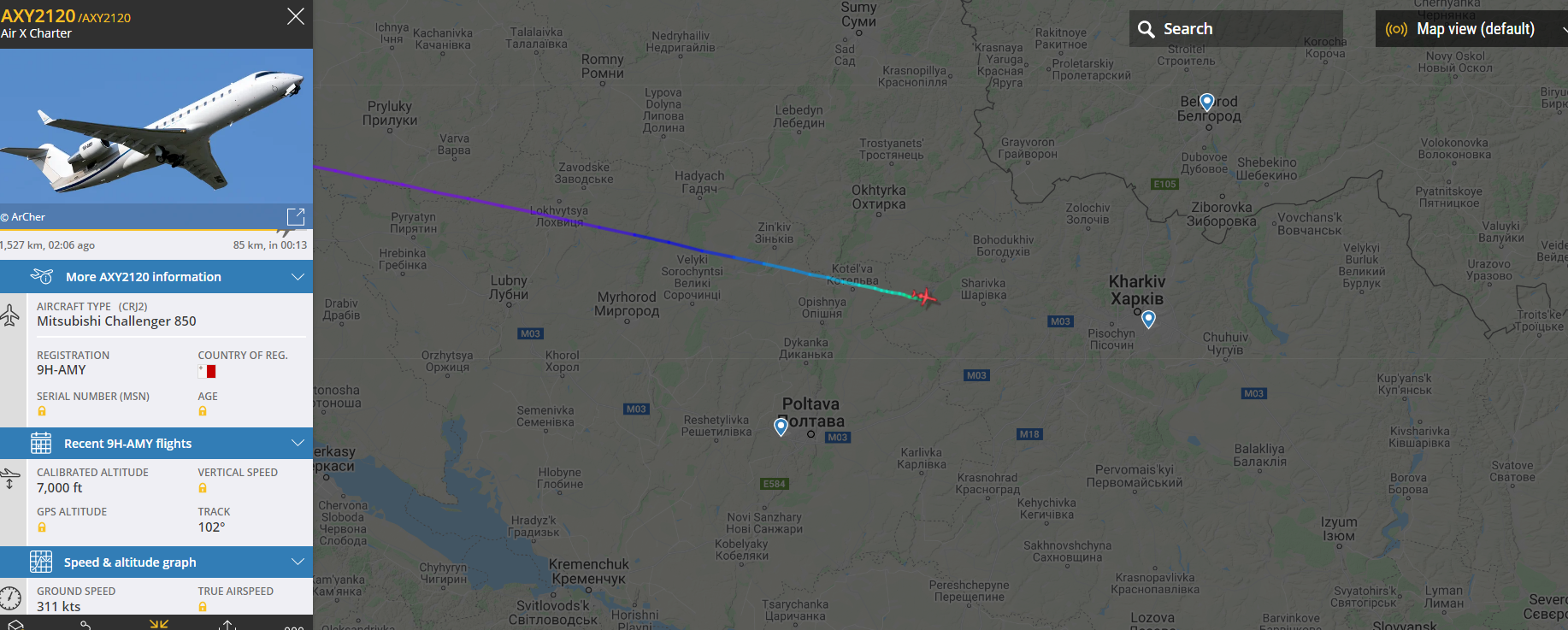 Скриншот с сайта Flightradar24